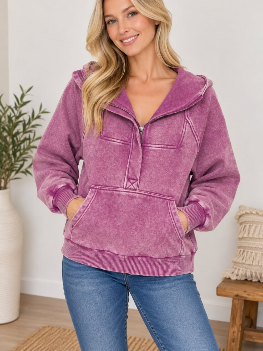 547. Women's Light Plum Acid Wash Fleece Hoodie